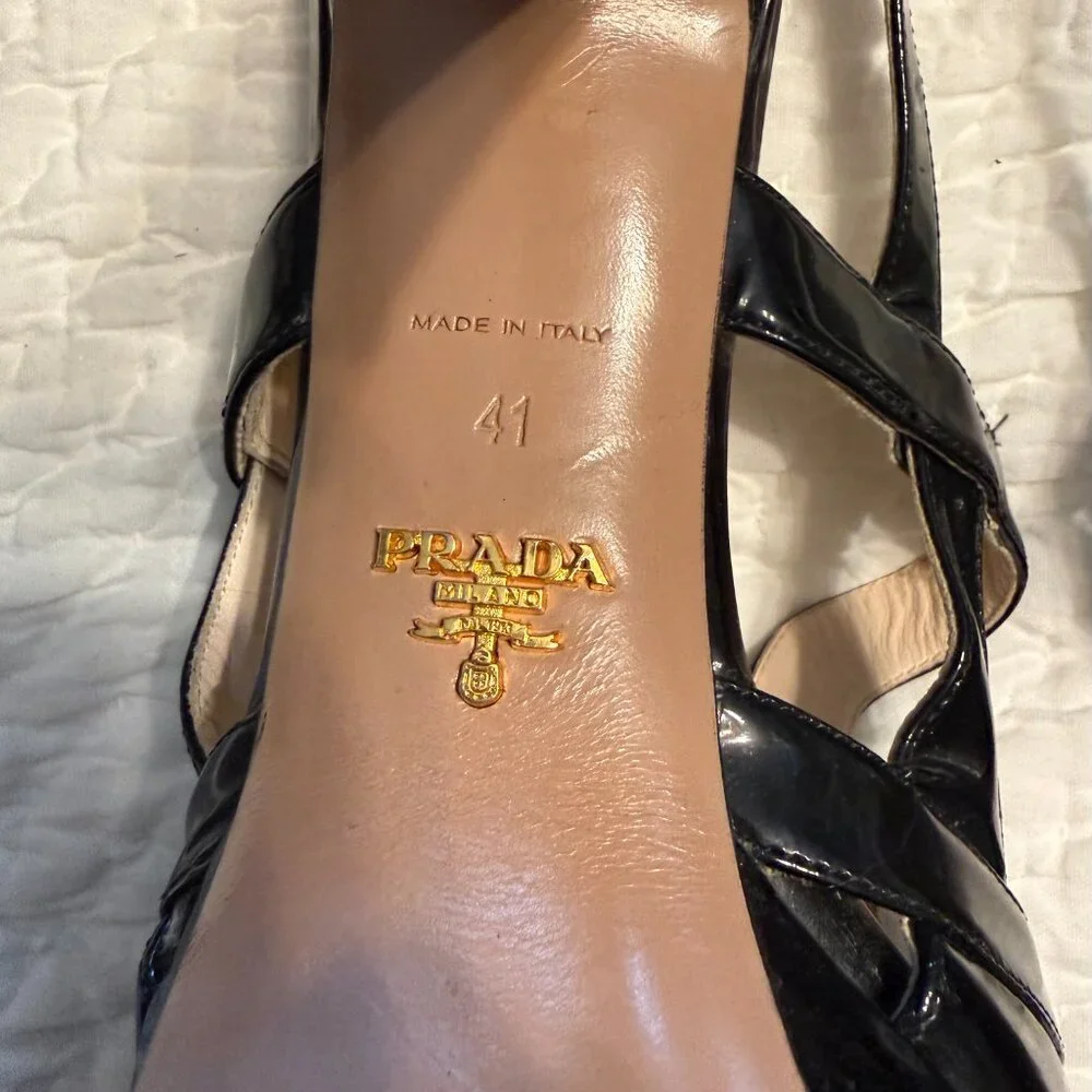 **Prada Patent Leather Cutout Accent Slingback Sandals** - Picture 5 of 7